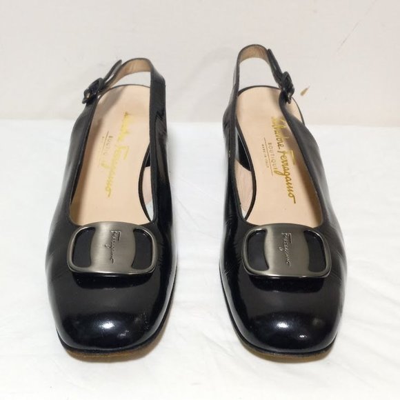 Salvatore Ferragamo Boutique Leather Slingback Block Heel Shoes Black Sz 8.5 3A - Picture 4 of 14